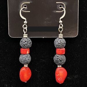 Black Lava & Red Coral Bead Earrings by Neanie-Bot